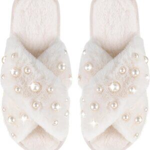 Wedding Bride Slippers Womens Pearl Fuzzy Cross Band Slip-On Comfort